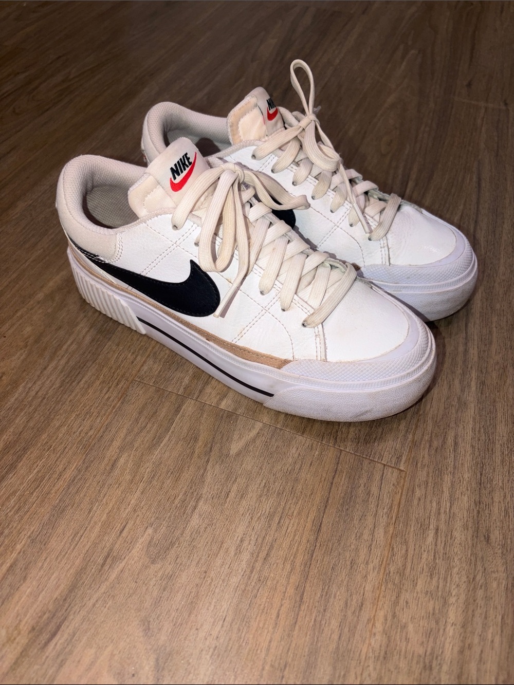 Nike White Sneakers with Black Swoosh and Tan Accent Size 7